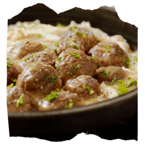 Swedish meatballs, sweet potato mash, winter vegetable bake
