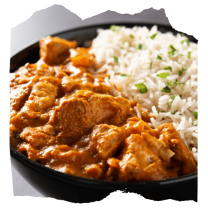 Mild butter chicken, steamed coconut-basmati rice. tomato-cucumber sambal and raita