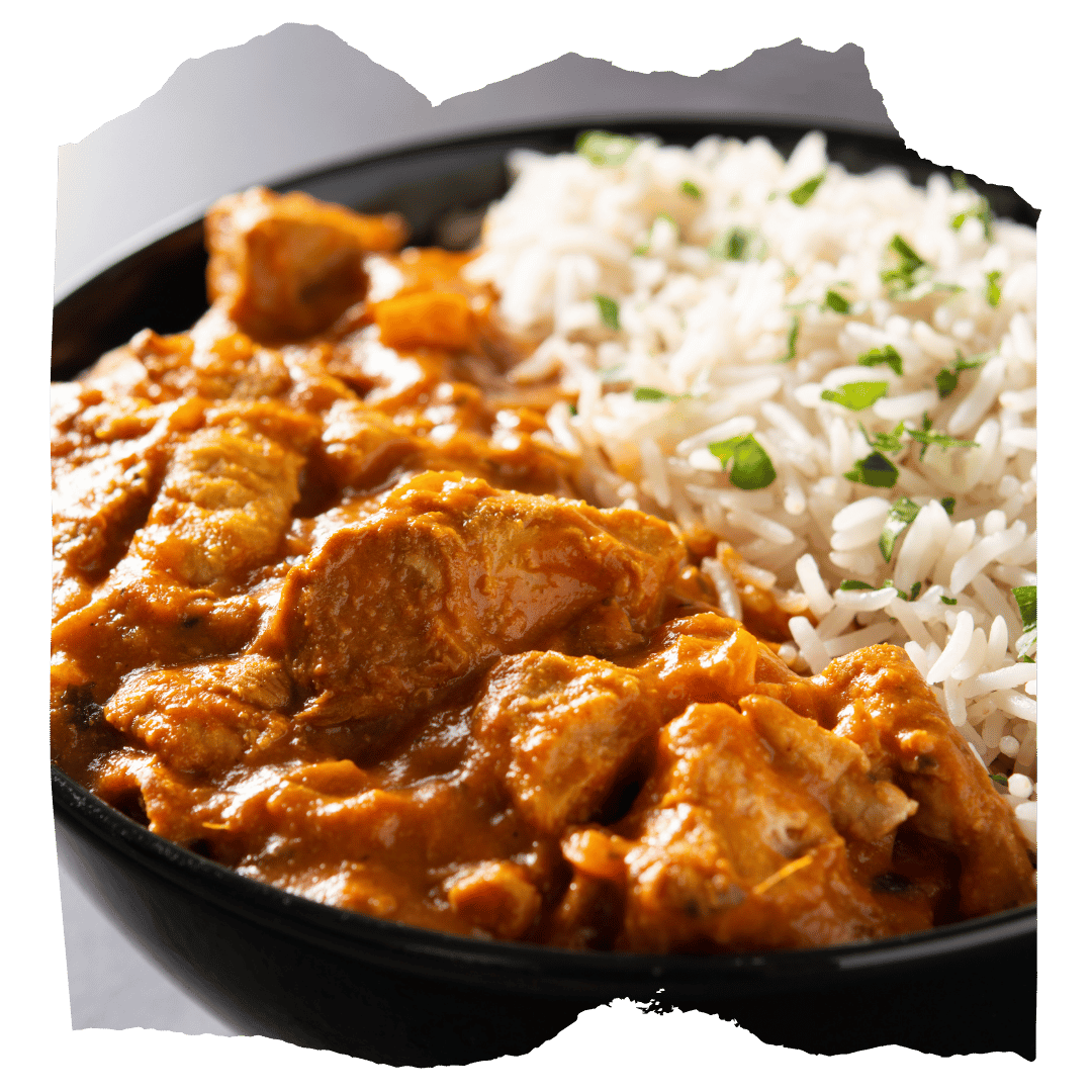 Mild butter chicken, steamed coconut-basmati rice. tomato-cucumber sambal and raita