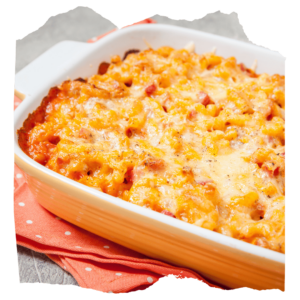 Good ol' mac 'n cheese with smokev bacon. with buttered corn and roasted vegetable salad