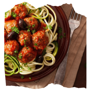 Sweet 'n Sour Meatballs. Sesame-Egg Noodles, Stir Fried Veggies
