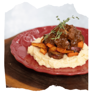 Hungarian mushroom oryx stroganoff, mashed potatoes and roasted root veggies