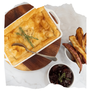 Chicken, Ham and Mushroom Pie, Sweet Potato Wedges and Caramelised Sticky Beetroot