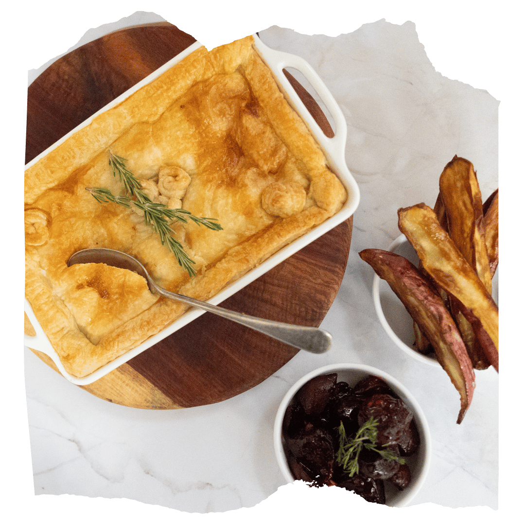 Chicken, Ham and Mushroom Pie, Sweet Potato Wedges and Caramelised Sticky Beetroot