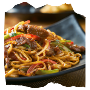 Asian Sweet 'n Sour Beef with an Overload of Veggies and Sesame-Noodles
