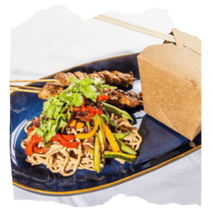 Barbeque Pork Satay with Peanut Sauce, New York Take Out Noodles and Stir Fry Veg